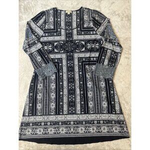One World Women’s 2X Boho Tunic Dress Black White Geometric Print Lace Sleeve